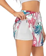 [JBYJBX] Flamingo Bird Green Plant Leaf Print Shorts Athletic Running Women's Workout Pockets Gym Quick-Dry Sport Hiking Elastic