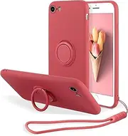 UEEBAI Case for iPhone SE 2020 iPhone 7 iPhone 8, Slim Liquid Silicone Phone Case with 360 Rotatable Ring Holder Kickstand Fashion Hand Strap Magnetic Car Mount Shockproof TPU Bumper Cover - Rose Red