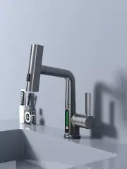 Waterfall & Pull-Out Faucet with Temperature Display in Gun Metal