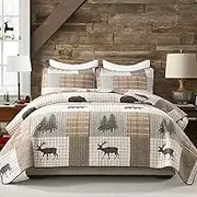 Finlonte Quilt King Size, 100% Cotton King Size Quilt, Lodge Cabin Farmhouse King Quilt, Brown Beige Green Plaid Lightweight Soft Quilted Bedspread Sets for All Season, 3 Pieces