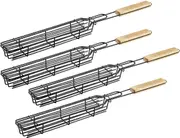Kabob Grilling Basket - Heavy Duty Stainless Steel Kebab BBQ Grill Box Tool with Lockable Grid and Wood Handle ( Set of 4 )