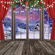 LYCGS 8X8FT Christmas Backdrop Xmas Window Photography Backdrop Winter Dream Wonderland Snow Tree Red Curtain Christma Photo Backdrop Studio Props Banner X-67