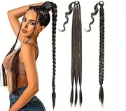 Braid Ponytail Extension with Glitter Hair Tinsel, 34" Long Straight DIY Braid Hair Extension with Hair Tie, Wrap Around Hair Extensions Ponytail Natural Synthetic Hairpiece Black Brown