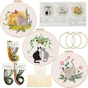 3Pack Beginners Embroidery Kit Cat Pattern Embroidery Starter Kit DIY Colorful Embroidery Stitch Kit with Embroidery Hoop Embroidery Cloth Thread Needle Instructions for Beginners Adults Crafts (B set)