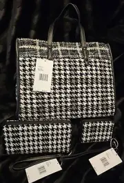 NEW Betsey Johnson Tweed Houndstooth Tote/Handbag & 2 Matching Wallets Set