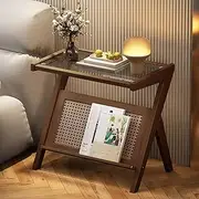 Rattan Nightstand Side Table, Bamboo Accent Bedside Tables, Glass Coffee Tables, Boho Wooden End Table with Storage for Small Space, Living Room and Bedroom