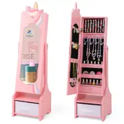 Babyjoy Standing Kids Jewelry Organizer Jewelry Cabinet w/Full-Length Mirror Princess Jewelry Armoire Bedroom Pink