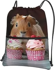 EdWal Guinea Pigs And Cupcakes Print Drawstring Backpack Gym Bags Sports Bags With Zipper Pocket For Travel Swimming Beach, Black, One Size