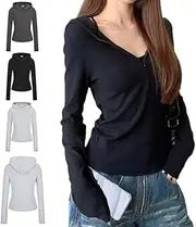 [HUIQINGLI] Cotton Rib Zip up Hoodie, Fashion Casual Cropped Zip up Hoodie, Women's Solid Comfortable Color Slim Zipper Top
