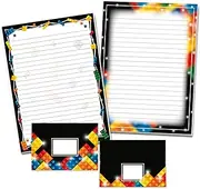 Writing Paper Set with 2 Writing Pads and 25 Envelopes for Children Building Blocks Black Colourful (1 Pad Black and 1 Pad Colourful A4 with 25 Sheets Each + 25 Envelopes)