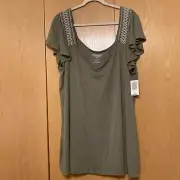 New Super Soft TORRID 4X/26 Army/Olive GREEN Off Shoulders Flutter Sleeve Top