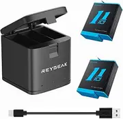 REYGEAK Battery Charger for GoPro Hero12/Hero 11/10/9 2-Pack Type-C Quick Charger Portable Charger 3-Channel Battery Charging Compatible with Go Pro 12/11 Original Batteries (Charger + 2 x Batteries)