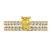 1.41 Emerald Round Cut Yellow Stone Ring Band bridal Set 14k Yellow solid Gold