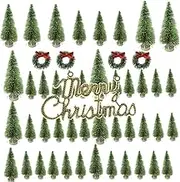 TREETDOBV 49Pcs Mini Pine Trees Artificial Mini Trees with Wood Base Sisal Trees, Bottle Brush Trees Set, Miniature Pine Trees DIY Crafts Sisal Trees for Christmas Table Room Decor(#1)