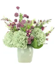 Creative Displays Seafoam Hydrangea with Purple Pom Poms Floral Arrangement