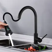 ACA Temperature Display Kitchen Tap 2 Modes Pull Out Kitchen Sink Mixer Tap Swivel Black Faucet