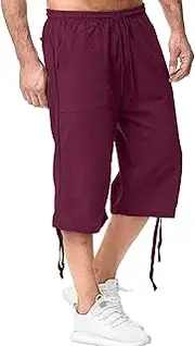 [JEShifangjiusu] Men's Causual 3/4 Long Cotton Shorts Drawstring Elastic Waist Cargo Straight Shorts Wide Leg Baggy Pants, Wine Red B1, L