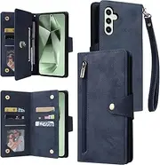 [YocoverTech] for Samsung S24 FE 5G Case,for Galaxy S24 FE 5G Wallet Case[6 Card Slots and 1 Zipper Coin Pocket] PU Leather Stand Flip Cover with Wrist Strap[6.7"]-Blue
