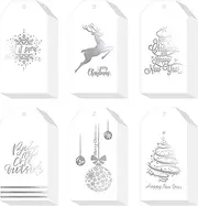 Whaline 120 Pcs Christmas Silver Foil Paper Gift Tags Holiday Hang Name Tags Label with Twine for DIY Xmas Present Happy New Year Party Decoration, 4.1 x 2.2 inch