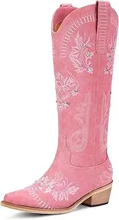 [Lumeheel] Cowboy Boots for Women - Knee High Western Cowgirl Boots, Sparkly Rhinestone Retro Country Boots with Classic Embroidered, Pointed Toe Chunky Heel Pull on Zipper Fashion Vintage Tall Boots