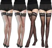 [HTTDSLF] 4 Pairs Hold up Stockings for Women, Fishnet Thigh High Stocking, Black Stockings Hold Up for Women, Lace Top Sheer Over Knee Stocking, Black, One size