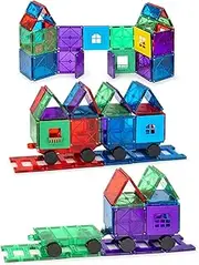Playmags 50 Piece Accessory Set for Kids with Strong Magnets - STEM Toys, Sturdy, Super Durable Magnetic Tiles with Vivid Clear Color Tiles with 4 Cars (50 Piece Set W/4 Cars)