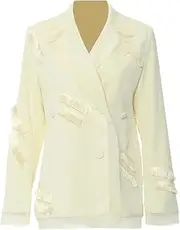 [Zadaos] Womens Casual Blazers Tassel Sequins Patchwork Single-Breasted Solid Color Suit Jackets Apricot M(6)