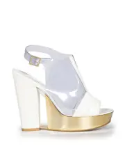 White Leather Gold Platform Wedge Sandals