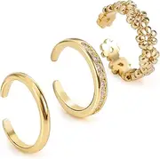 [Mikovivi] 3pcs Toe Rings for Women, Gold Filled No Fading Adjustable 3 Styles Flowers Diamond Plain Toe Ring Summer Beach Jewelry for Foot, Medium, Metal, No Gemstone
