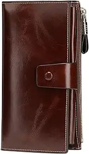 [Itslife] Women's RFID Blocking Large Capacity Luxury Wax Genuine Leather Cluth Wallet Ladies Card holder (Coffee RFID Blocking)
