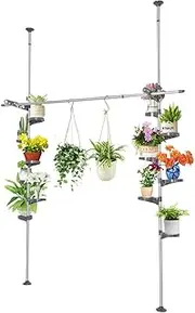 BlessBYN 7-Layer Tension Pole Plant Stands Indoor Metal Flower Display Rack Space Saver Floral Pot Hanging Shelf (Black)