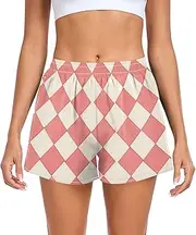 [FRODOTGV] Light Coral Chessboard Women Athletic Shorts with Pockets Training Shorts for Soccer Teenis Exercise Indoor S