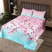Castle Fairy Cherry Blossoms Bedspread King Size for Adult Women,Pink Sakura Flowers Floral Quilt Set with 2 Pillowcases,Trees Plant Blue Lake Decor Bedding Quilted,Breathable