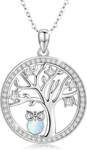Owl Tree of Life Necklace 925 Sterling Silver Created Opal Tree of Life Owl Pend