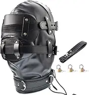 Leather Bondage Gimp Mask Hood, Full Face Blindfold Mask Hood Lockable & Dildo Penis Mouth Gag Breathable Restraint Head Hood, for Unisex Adults Couples, BDSM/LGBT Fetish Hood Black