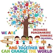 156PCS Classroom Tree Bulletin Board Decorations Set Together We Can Change The World Wall Bulletin Decor with Handprint Cut-outs and Animal Butterfly Owls Letter Accents for School Blackboard Decor