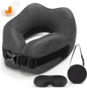 [NEDLON] Neck Pillow Airplane Travel Set - Pure Memory Foam Travel Neck Pillow, Plane Pillow for Long Flights Essentials, Sleeping Travel with 3D Contoured Eye Mask, Earplugs, Portable Bag