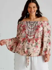 Autograph Top Blouse Plus Size 26 On/Off Shoulder Beaded Long Flare Sleeve RP$90