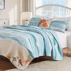 Maui Embroidered Coastal Quilt and Pillow Sham Set, Full/Queen (5 Piece), Blue