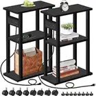 Small Narrow Side Table with Charging Station, Set of Skinny End Table 2 Black