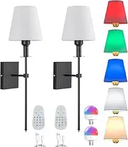 USB Rechargeable Wall Sconces Set of 2, No Wiring Required, Battery Operated Sconce, Rechargeable Wall Light, Dimmable & Colour Changing, Remote Controlled, Bulbs & Charging Cord Included (Black)