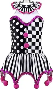 [Yruioon] Girls Halloween Jester Cosplay Costume Clown Checkerboard Printed Tutu Dance Dress