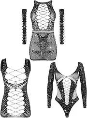 BOARDFEB Women Fishnet Bodysuits Mesh BodyStocking Fishnet Lingerie Long Sleeve Bodysuits