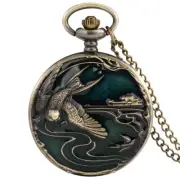 Bronze Crane Quartz Pocket Watch Round Dial Necklace Sweater Chain for Women Men