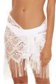NWT BECCA "MALAY" WHITE LACE CROCHET FRINGE COVERUP SARONG SKIRT SHAWL HEADWRAP