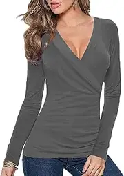 [Afibi] Womens Slim Fitted Deep V Neck Cross Wrap Top Long Sleeve T-Shirts