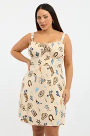 Beige Abstract Tie Front Minidress