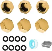 6PCS Brass Blanking Cap 3/8 inch,Brass Cap Female Blanking Stop Cap with Washers,Hex Blanking Nut Caps, No Leaks Plumbing Fittings for Washing Machine Radiator Valve faucets Tap
