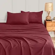 LINENOVA 4 Piece Queen Bed Sheet Set- 1200TC Ultra-Soft Microfibre Bed Sheets - Fitted Sheet & Flat Sheet & 2 Pillowcases- Wrinkle, Fade, Stain Resistant - Deep Pocket (Burgundy, Queen)