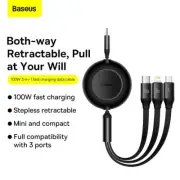 Baseus 3 in 1 100W USB C Cable Retractable Fast Charger for iPhone Type C Micro